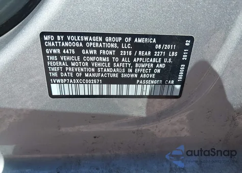 2012 Volkswagen Passat 2.5L Se z USA, uszkodzony, nr VIN 1VWBP7A3XCC002571